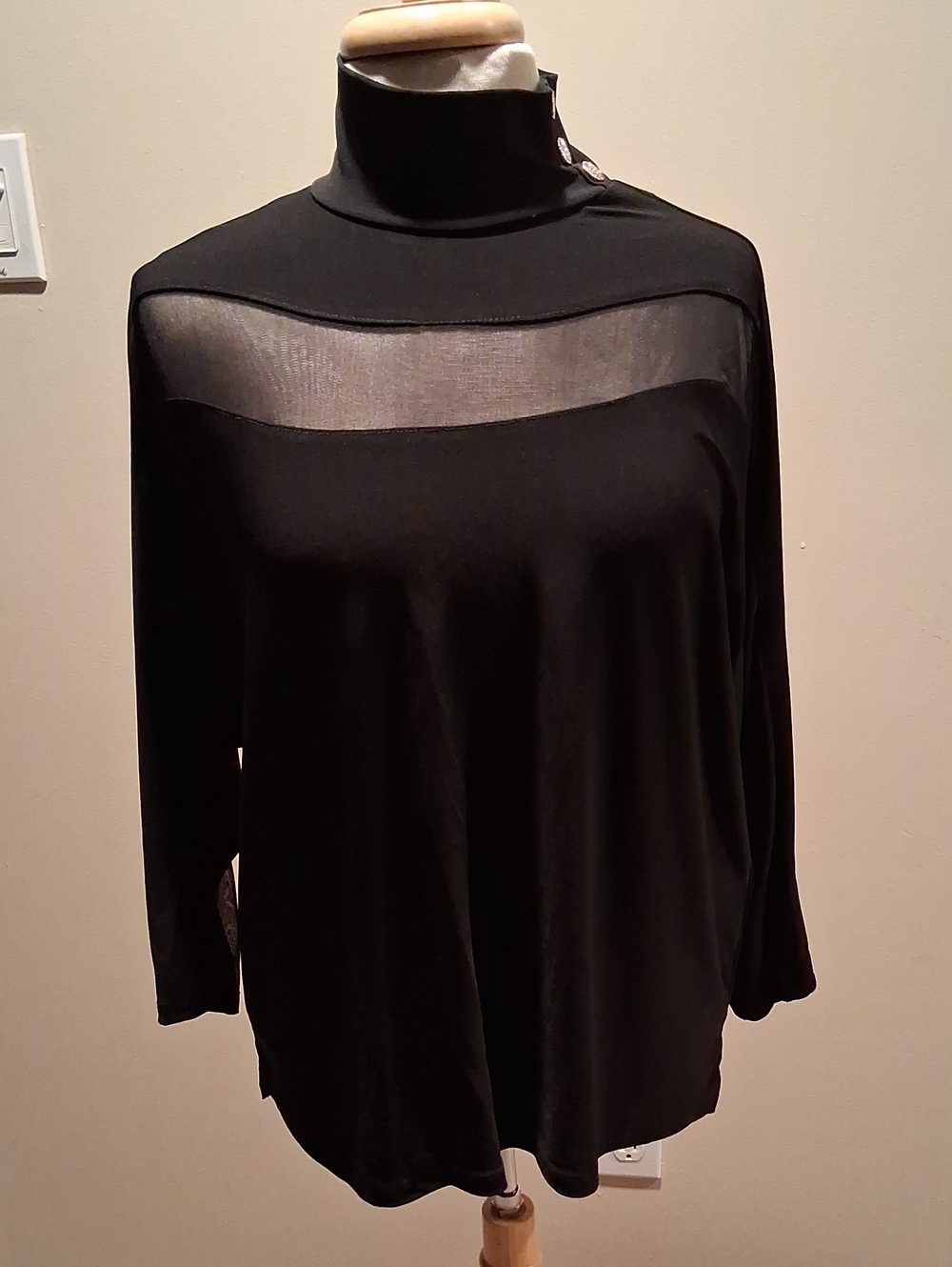 Anne Klein Black Long Sleeve Top with Sheer Yoke and Mock Neck